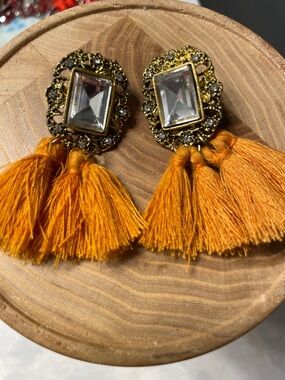 Gold-Tone Tassel Drop Earrings with Amber Orange Tassels